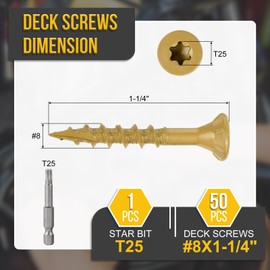 DTGN #8x1-1/4 Deck Screws - 50Pack - Good for Decks, Fences, Frames, Farms, Outdoor Furniture - Carbon Steel Wood Screws W/ T25 Torx Star Drive Bit - Tan