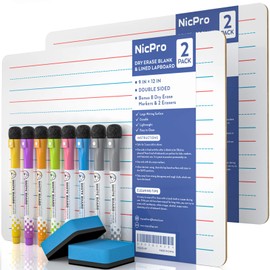 Nicpro Nicpro Dry Erase Lap Board 9 x 12 inches 2 Pack Ruled Kid Double Sided Blank & Lined Small Lapboard with 8 Pens, 2 Eraser, Learning Mini Whiteboard Portable for Student and Classroom Use