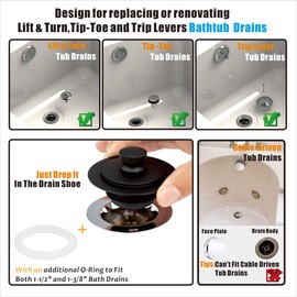 Artiwell Universal Lift and Turn Bath Drain Stopper and Cover, Bathtub Drain Stopper, Replaces Lift and Turn, Tip-Toe and Trip Lever drains for Tub, EZ Installation and Clearing (MATT Black)
