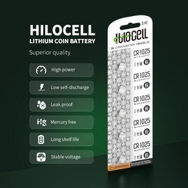 hilocell CR1025 Lithium 3V Coin Battery 5 Pack, 3 Volt CR 1025 Button Cell Batteries, Durable Long-Lasting High Capacity 1025 Battery with 10-Year Shelf Life - 5 Count