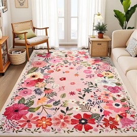 Vasofe 5x7 Rug for Bedroom,Washable Rugs for Living Room, Dining Room, Indoor Floor Mat, Vintage Floral Mats for Nrusery, Farmhouse, Laundry Room, Non Slip Low Pile Soft Modern Carpet, Pink
