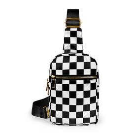 Waist Pack,Checkered Nylon Sling Bag for Women, Lightweight Crossbody Chest Bag for Travel, Adjustable Strap & Hidden Pocket Wallets for Women (Black)