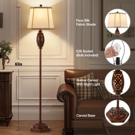 Luvkczc Vintage Floor Lamp - Brown Carved Resin with Hollow Light Design, Rustic Standing Lamp for Living Room, Bedroom, Study(Bulb Included)