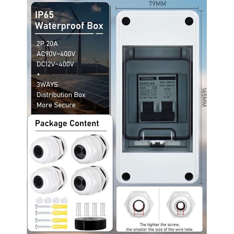 DIHOOL Solar Panel Disconnect Switch with IP65 Din Box, 20