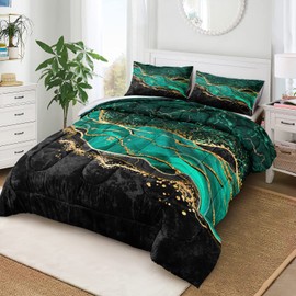 Green Gold Comforter Set King Size, Black Marble Bedding Comforter, Black Gold Marble Texture Glitter Bedding Sets Emerald Green King Bed Comforter Set Abstract Home Decor