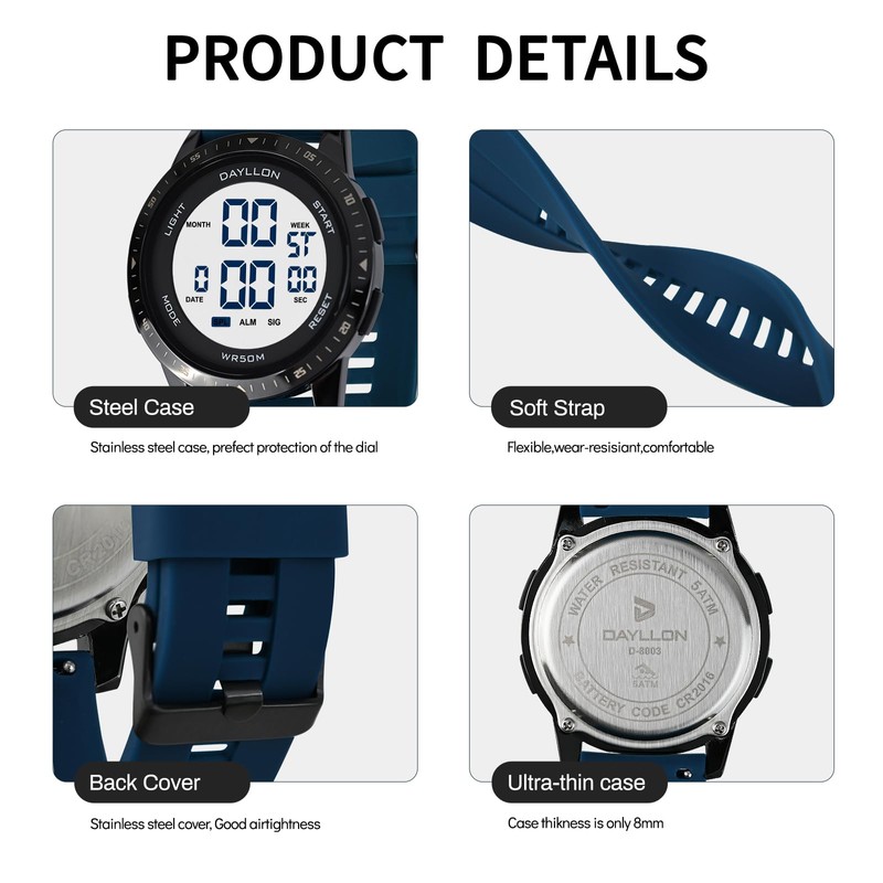 Dayllon Metal Case Ultra-Thin Minimalist Sports Digital Watch for Men