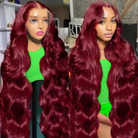 LUCLUEME 24 Inch 99j Burgundy Lace Front Wigs Human Hair 13x6 HD Burgundy Wig Human Hair 200 Density Body Wave Frontal Wig Colored Wine Red Wigs Human Hair