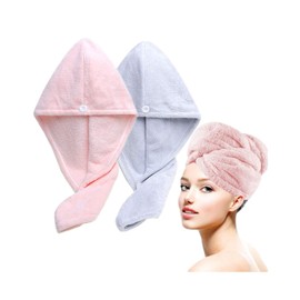 Lumimi 2er-Set Haarturban Kopfhandtuch aus Mikrofaser Extra Saugfähig Schnelltrocknend Flauschig Knopfverschluss Hellrosa Hellblau