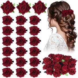 BBTO 21 Pcs Flower Hair Pins Rose Barrettes Clips for Women Flower Accessories Bride Claw Clip Hairpin Brooch Headpiece for Wedding(Wine Red,Large, Small)