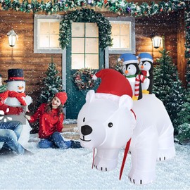 6.5Ft Long Christmas Inflatable Polar Bear with Lights Blow up Penguins Riding on Polar Bear Christmas Inflatable Outdoor Decoration Xmas Holiday Yard Decor for Garden Lawn Patio