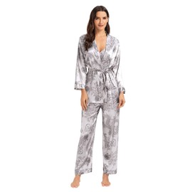 Escalier Women's Silk Satin Pajamas Set 3 Pcs Floral Silky Pj Sets Sleepwear Cami Nightwear with Robe and Pants Grey 2XL