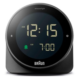 Braun Digital Alarm Clock with Snooze, Negative LCD Display, Rotating Bezel for Quick time Setting, Crescendo Beep Alarm in Black, Model BC24B.