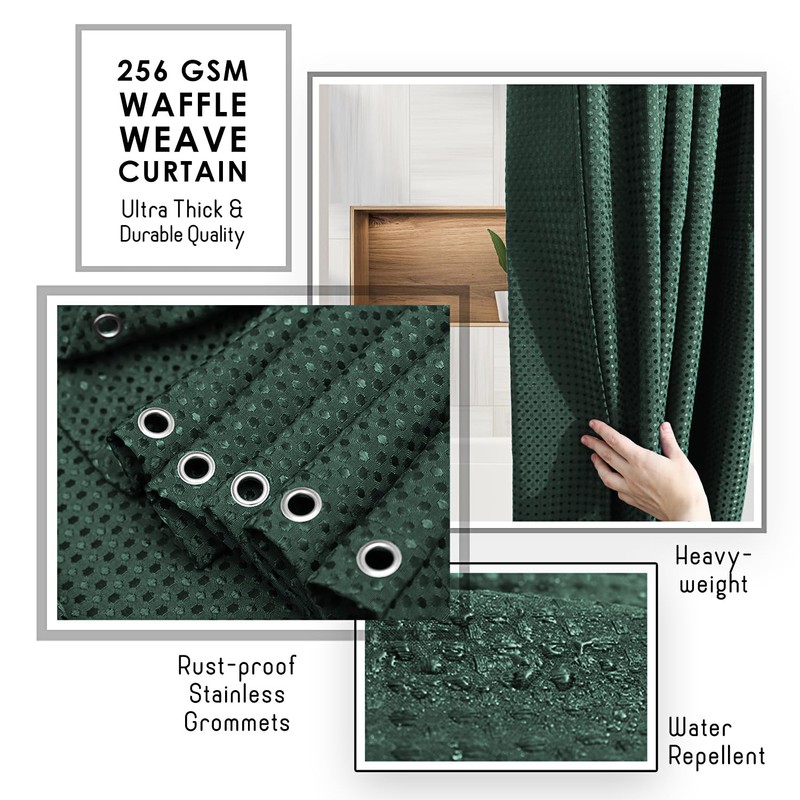 Clara Clark Hunter Green Shower Curtain - Hotel Quality Waffle