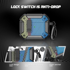 RFUNGUANGO Compatible with AirPods 3 Case Protective Case with Cleaning Kit, Military Hard Case with Lock Compatible with AirPods Gen 3 Charging Case 2021, Carbon Fibre Blue