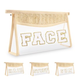 Clear Patch Makeup Letter Bag, Boho Preppy Chenille Letter Cosmetic Bag, Waterproof Zipper Make up Bag Toiletry Pouch for Women Girls, Clear Letter Transparent Organizer Pouch for Travel(Face, Beige)