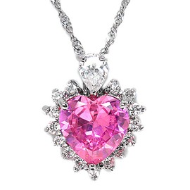 RIZILIA Ocean Heart Pendant with 18" Chain & Heart Cut Gemstones CZ [Pink Sapphire] in 18K White Gold Plated, Simple Modern Elegance