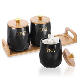 JUXYES Set of 3 Ceramic Canisters Set for Sugar Coffee Tea With Handle Tray, Luxurious Storage Containers Sets with Lids Decorative Storage Pots Black Ceramic Storage Jar for Kitchen Dining Room
