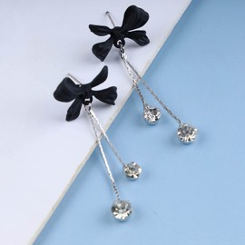 Cimenexe Bohemian Crystal Bow Earrings Black Bowknot Drop Earrings Gold Cz Tassel Chain Dangle Earrings Black Bow Tie Cz Tassel Earrings Jewelry for Women and Girls Gifts