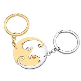 BAMAY Stainless Steel Cute Couples Cat Keychain Matching Kitten Car Key Ring Valentines Day Gifts for Him Women Girls Charms (Gold Silver)