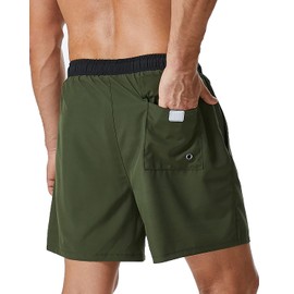 SILKWORLD Mens Swim Trunks with Compression Liner 2 in 1 Quick Dry Swimwear Beach Shorts with Zipper Pockets,Army Green,Large