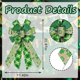 Large Saint Patricks Day Wreath Bows Saint Patrick's Day Burlap Bows Brown Clover Shamrock Plaids Decor Bows for Wreath St Patrick's Day Tree Topper Bows for Irish Holiday Wreath Ornament Decoration