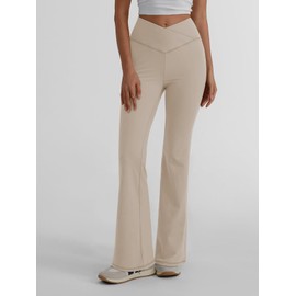 Trendy Queen Flare Leggings for Women Wide Leg Yoga Pants V Crossover High Waisted Bootcut Work Pants Fall Outfits 2024 Khaki L