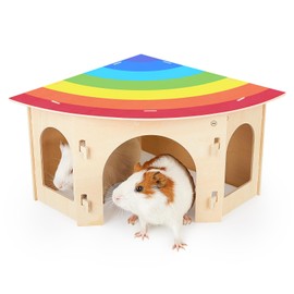 Glittme Spacious Guinea Pig & Bunny House - Fan-Shaped Wooden Hideout with Detachable Top for Guinea Pig, Hamster