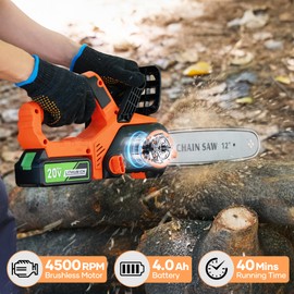 12" Electric Chainsaw Cordless, 4.0Ah Compatible CURECURE 20V Battery, Brushless Motor 4500 RPM, Auto-Oil, Safety Protection, Battery Powered Chainsaw for Wood Cutting, Tree Trimming