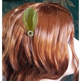Bridal Bridesmaid Feather Hair Grip Prong, Olive Green and Gem Hair Piece
