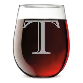 Monogram Etched 17oz Stemless Wine Glass (Letter T)