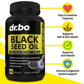 DR. BO Black Seed Oil Capsules Vegan - Pure Cold Pressed Black Seed Oil Nigella Sativa Cumin for Skin & Hair Health, 500mg, 1000mg Per 2 Capsule Serving Blackseed Liquid Capsules Halal - 60 Softgels Pills