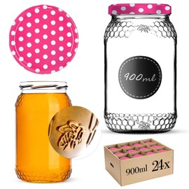 KADAX Honiggläser 900ml, Einmachgläser mit fi82 mm Schraubdeckel, Gläser für Honig, Marmeladengläser, Schraubgläser, Einkochgläser (Rosa gepunktet, 24 Stück)