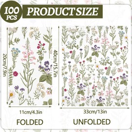 100PCS Floral Paper Napkins 3 Ply Disposable Hand Towels for Bathroom Vintage Wildflower Guest Napkins Green Wild Flower Dinner Napkins for Wedding Bridal Baby Shower Birthday Spring Summer Party