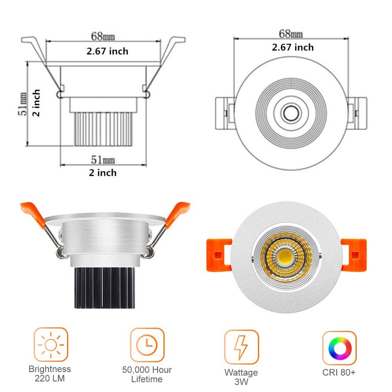 LightingWill 2inch LED Dimmable Downlight, 3W COB Recessed Ceiling Light,