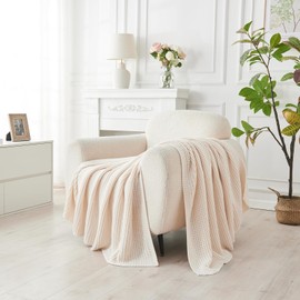 Douceur Cream Throw Blanket for Bed, Soft Chunky Cable Knit Throw Blanket, Classic Fisherman's Rib Stitch Pattern Throw for Living Room,60"X80"