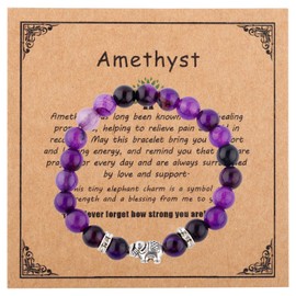 Mikovivi Amethyst Bracelet for Women, Inspirational Get Well Gift Jewelry Adjustable Purple Natural Stone Crystal Beaded Bracelet with Elephant Charm for Breast Issue Survivor