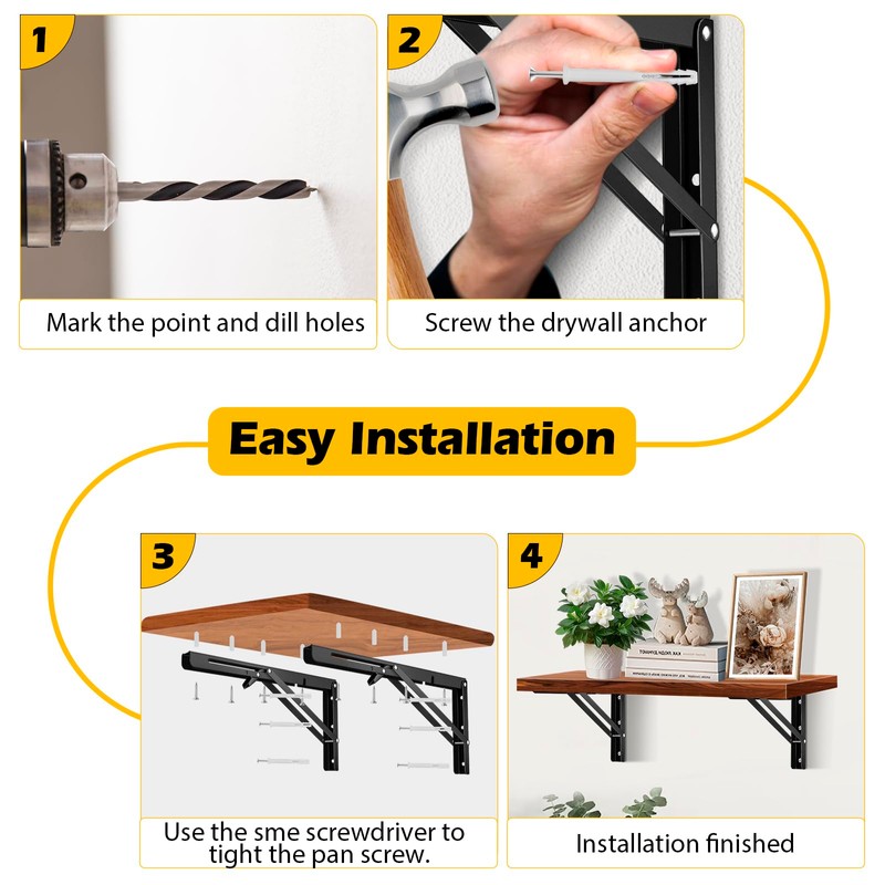 10 Inch Folding Shelf Brackets, Pynsseu Heavy Duty Stainless Steel