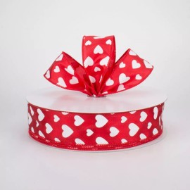 Plaid 5 Yards Wired Edge Ribbon 1 1/2" Wide Red Satin w/ White Hearts Valentine's Day