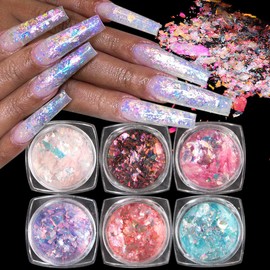 Fcozpjk Opal Nail Art Glitter Flakes, 6 Boxes Holographic Chunky Glitter Flakes Kit, Aurora Effect for Nails, Chameleon Nail Flakes Chrome Powder, Pink Blue Iridescent Sequins Paillettes