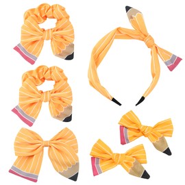 6PCS Yellow Bow Hair Set, Girls Hairhead Accessories with 2 Hair-rings, 1 HairBand, 1 Large Clip, 2 Small Clipsow for Women, School, Bridal