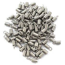LQ Industrial Cord End Cap 100PCS Stainless Steel Spring Column Terminators Coil End Tips Crimp Fastener Caps Findings with Loop for DIY Leather Jewelry Making Silver Hole 2mm