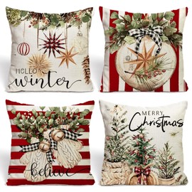 KQMGJYB Christmas Cushion Cover, Pack of 4, Cushion Cover, Winter Pillow Cover, Santa Claus Square Cushion Covers for Living Room, Sofa, Bedroom, Christmas Decorative (45 x 45 cm)