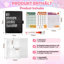 Fettwal 100 Envelope Saving Challenge Savings Book for Money Challenge, A5 Money Saving Challengers Money Saving Folder with 3 Memory Cards & Watercolour Pen, Savings Book for Household Money Saving