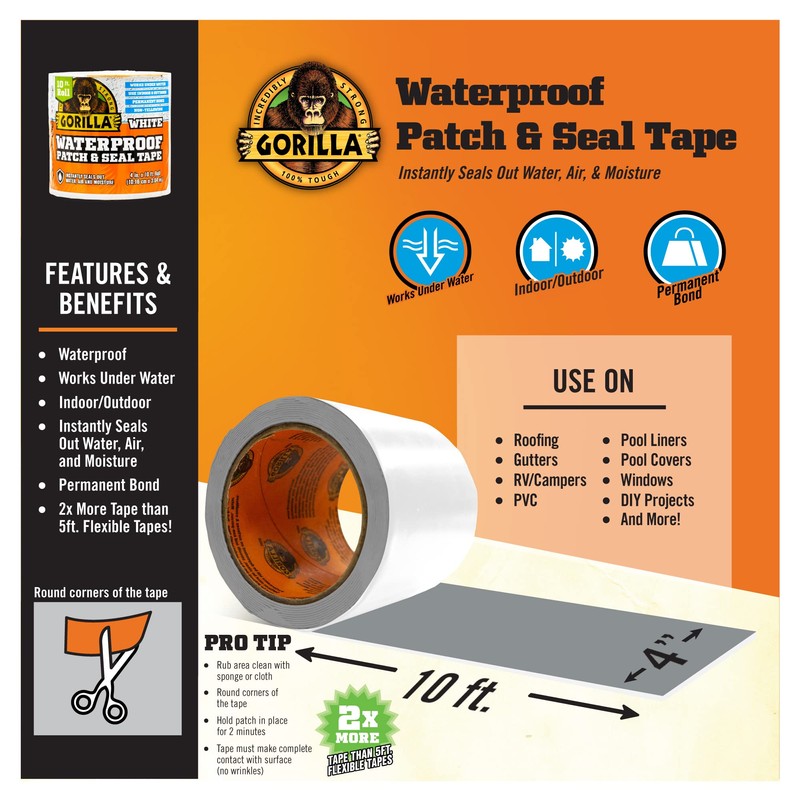 Gorilla Waterproof Patch & Seal Tape, White Tape, 4" x