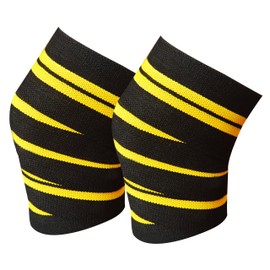 Kango Fitness Knee Wraps (Pair) for Cross Training WODs Gym Workout Weightlifting,Fitness & Powerlifting - Best Knee Straps for Squats For Men & Women 78" Compression & Elastic Support (Black/Yellow)