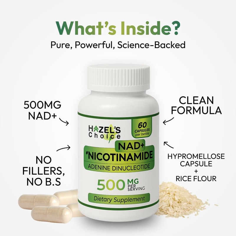 HAZEL'S Choice NAD+ Nicotinamide Adenine Dinucleotide Supplement 500mg, 60 Capsules,