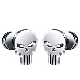 Feilok Unisex Men Women Stainless Steel Stud Earrings Steel Colour Skull Punisher Wings Earrings, Stainless Steel