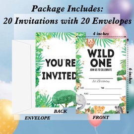 Gsauto Wild One Birthday Invitations, 20 Invitation Cards with Envelopes, Safari Zoo Invites for Party Decorations Favor Supplies - A16
