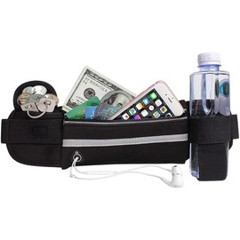 Running Belt Waist Pack with Water Bottle Holder, Adjustable Strap, Reflective Strip, Phone Storage Pocket, Black