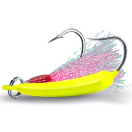 Dr.Fish 5 Pack Pompano Jigs with Teaser Hooks, Surf Fishing Jig Heads Saltwater Lure Banana Shape Stand Up O'Shaughnessy Beach Casting Halibut Striper Redfish Flounder Chartreuse 3/8oz